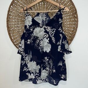 Chelsea28 navy blue and gray floral cold shoulder top size small